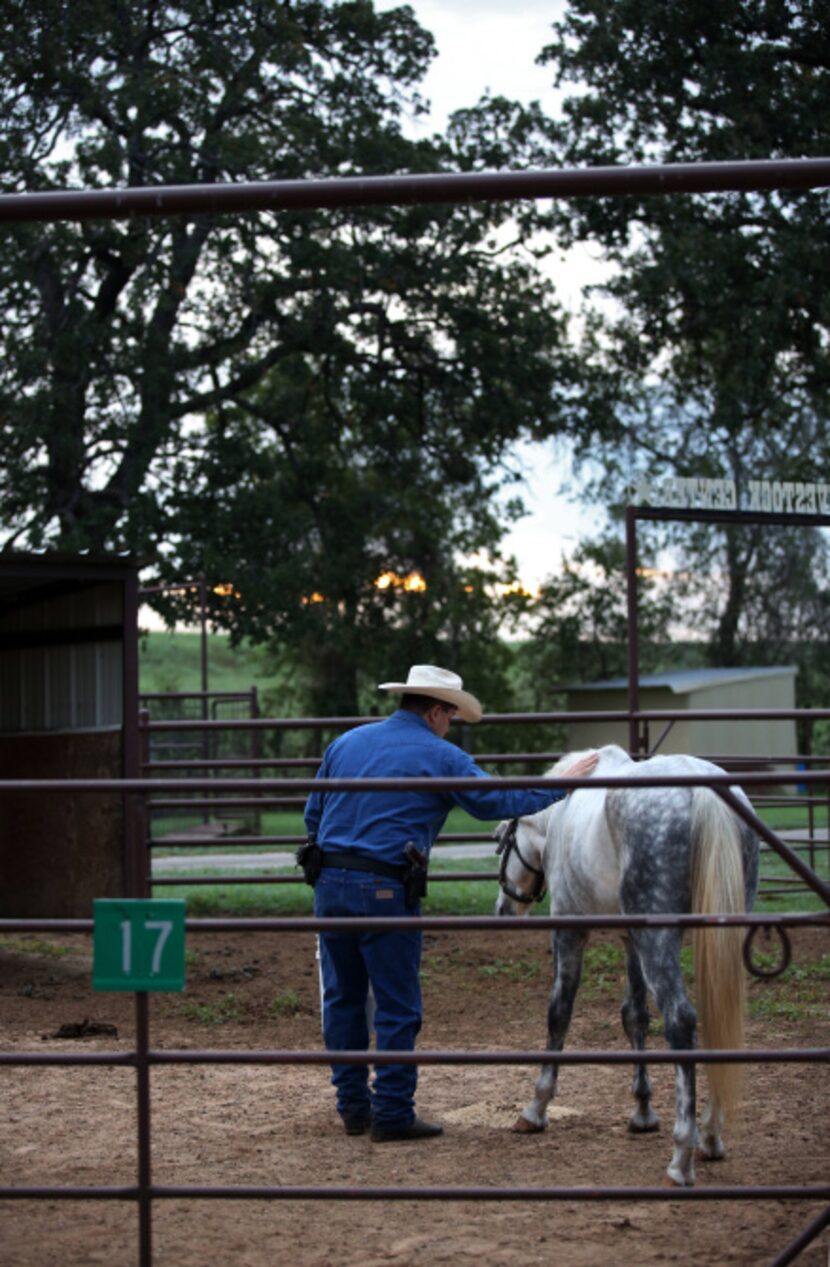 Deputy Paul Stroud patted a horse after feeding it at the livestock center.