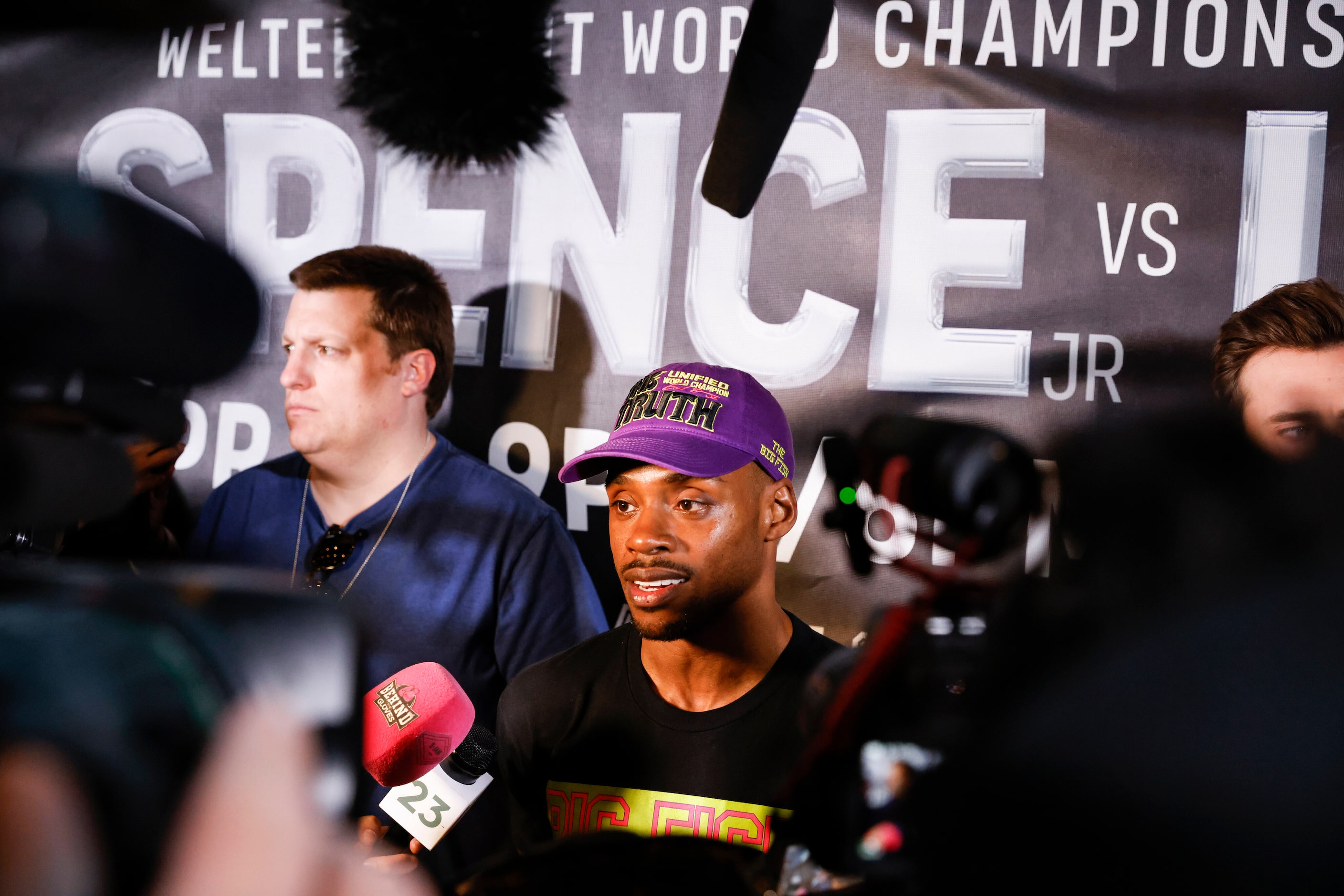 Errol Spence Jr. talks with media after Texas Live! Media Workout, Wednesday, April, 13, in...