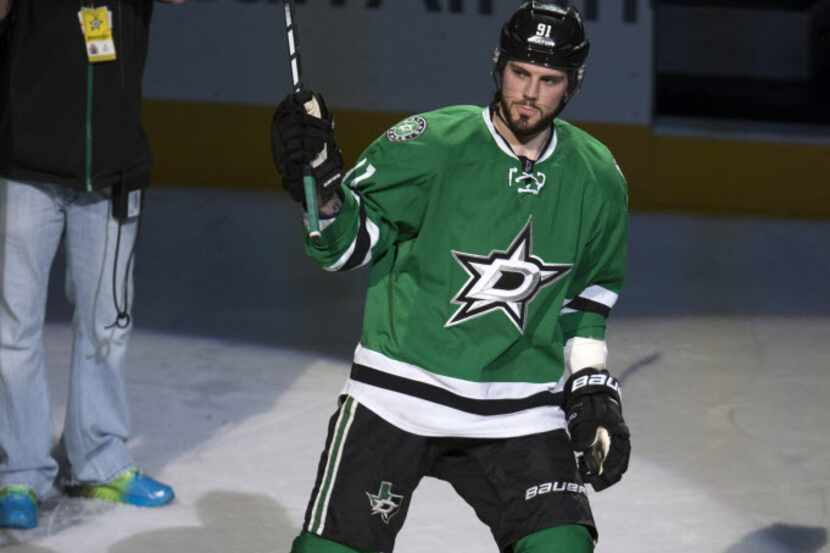 Feb 13, 2016; Dallas, TX, USA; Dallas Stars center Tyler Seguin (91) is named the number one...