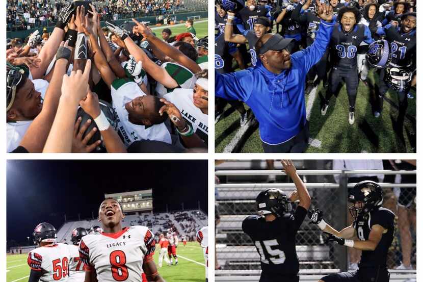 Top left: Mansfield Lake Ridge celebrates its area-round playoff win over Bryan Adams. Top...