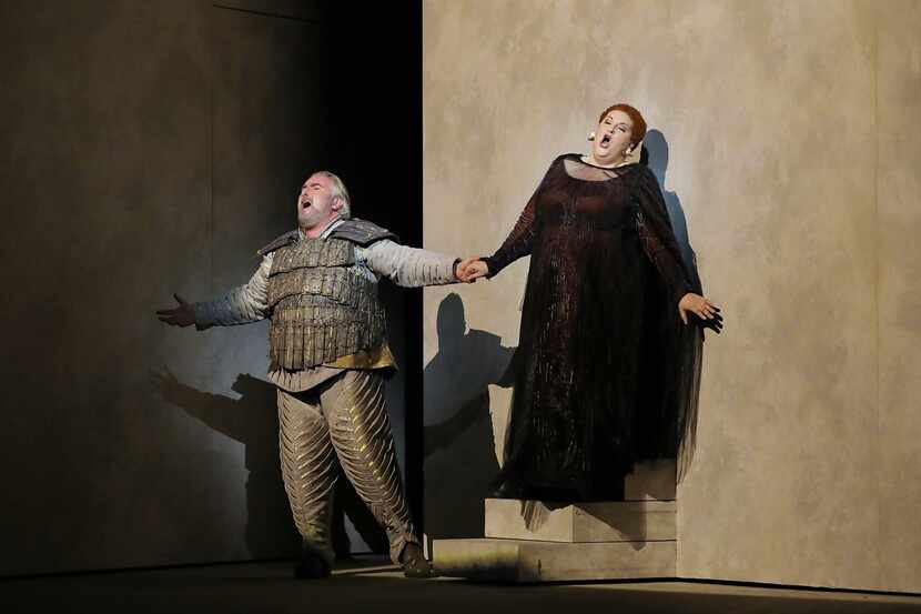 Tamara Wilson (Isolde) and Simon O'Neill (Tristan) in 2022 Santa Fe Opera production of...