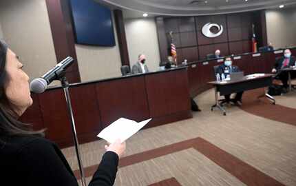 Helen Chang, candidate for the Collin College Board of Trustees, spoke to the board during a...