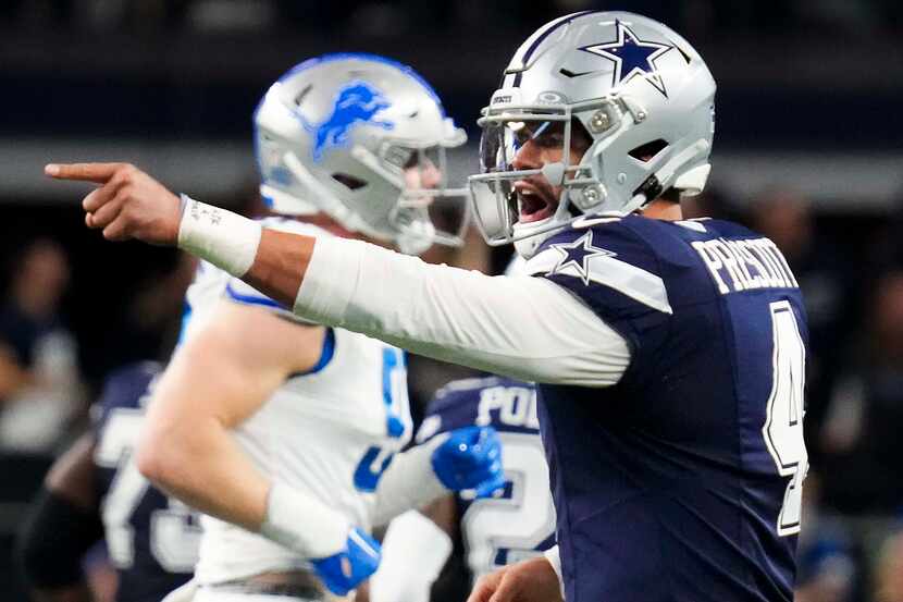 Dallas Cowboys quarterback Dak Prescott (4) celebrates after throwing a 92-yard touchdown...