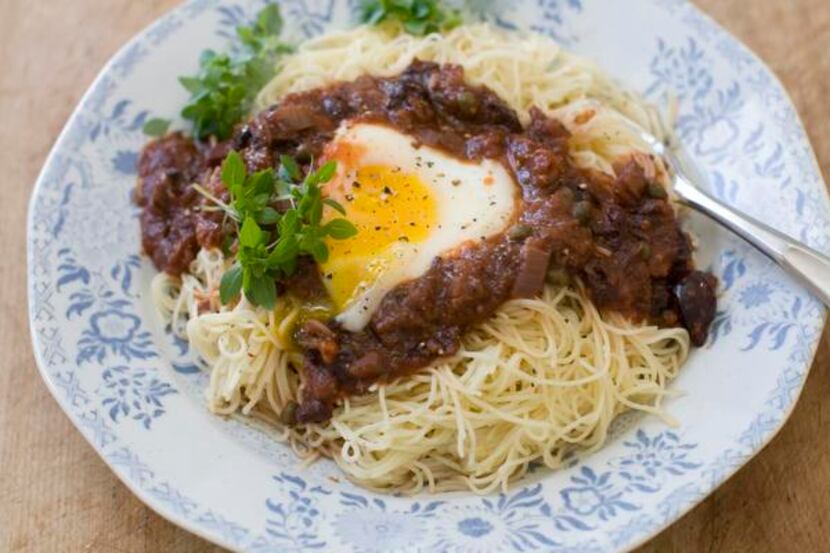 Eggs in Puttanesca with Angel Hair Pasta