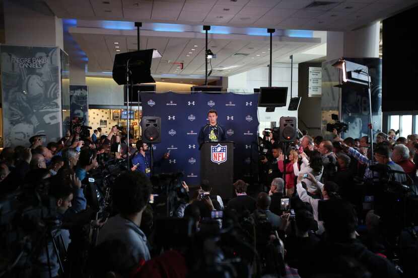 Texas A&M Aggies quarterback Johnny Manziel speaks to the media in a press conference during...