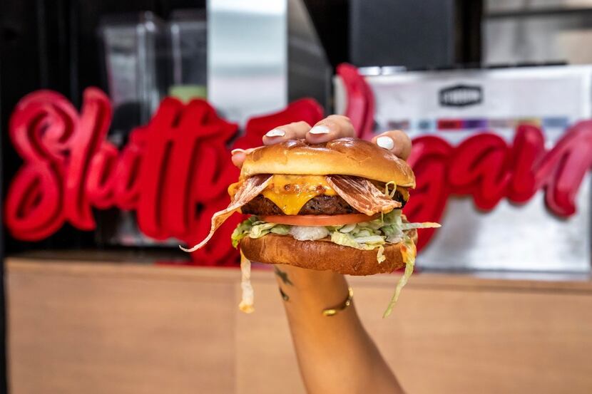 The One Night Stand burger from Slutty Vegan, which is coming to Dallas summer 2023.