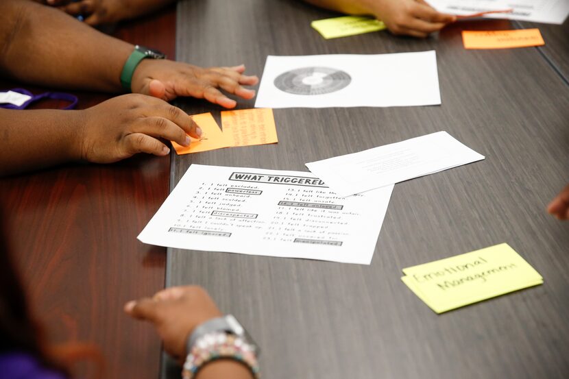 South Oak Cliff High School teens in a Working on Womanhood (WOW) circle matched definitions...