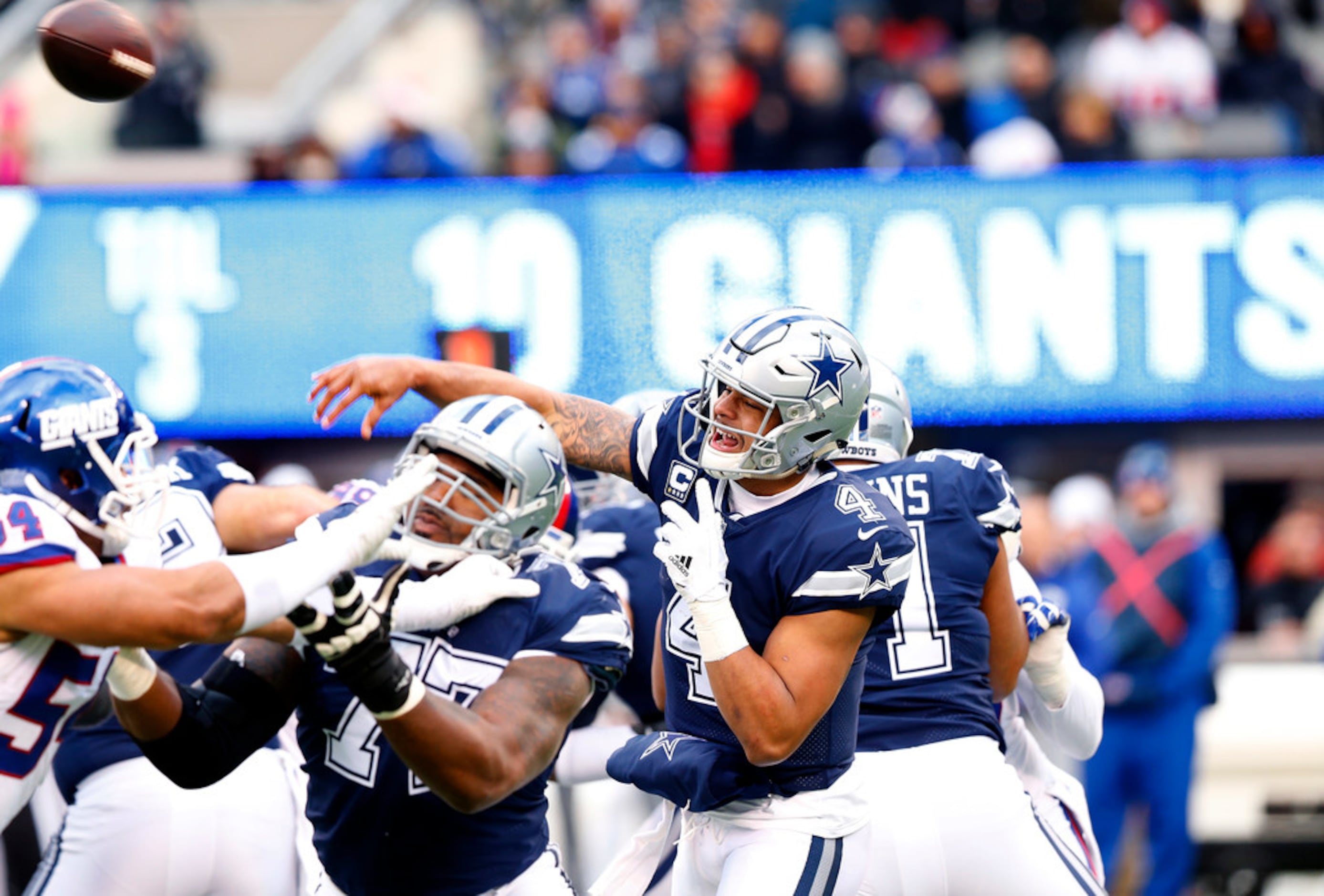 Dallas Cowboys Dak Prescott throws a pass in the first half against the New  York Giants in week 14 of the NFL at MetLife Stadium in East Rutherford,  New Jersey on December