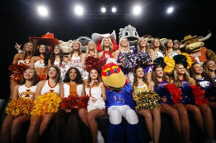 Big XII mascots and cheerleaders pose for a group photo during the Big 12 Conference...