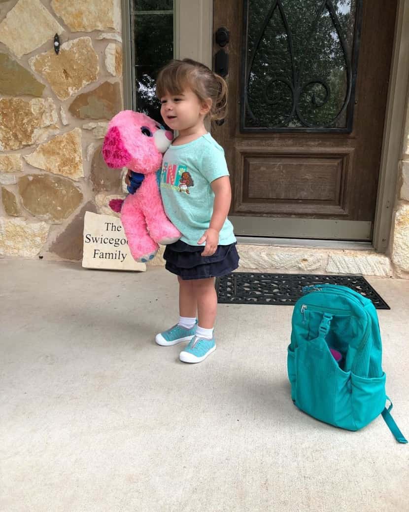 Adaline Swicegood, preparing for first day of preschool.