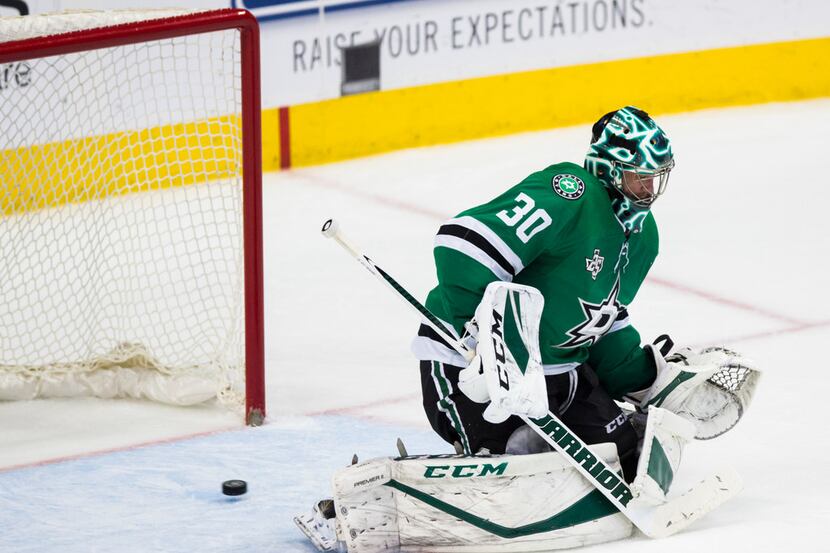 Dallas Stars goaltender Ben Bishop (30) fails to stop a goal by the Tampa Bay Lightning...