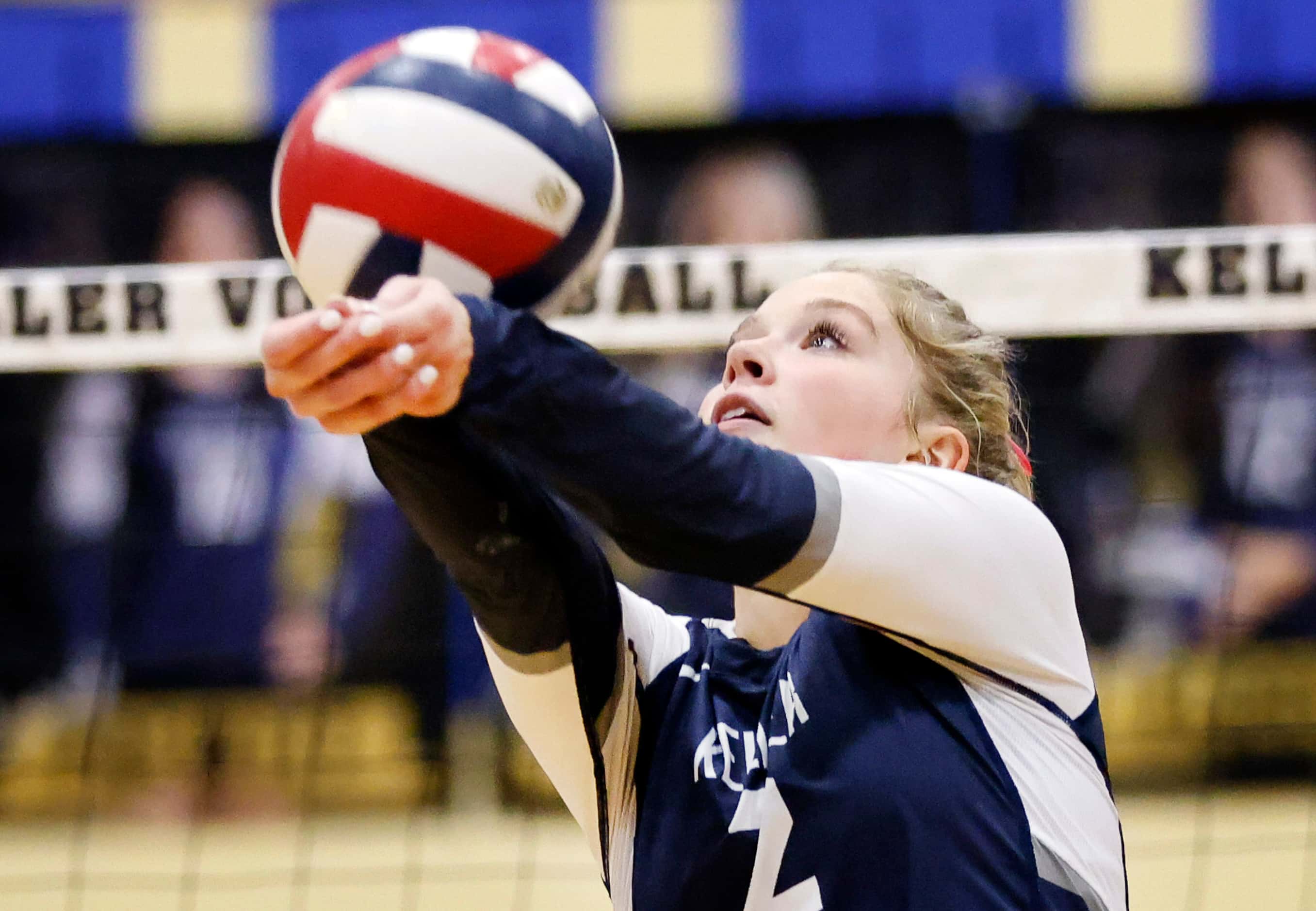 Keller High’s Taylor Polivka (2) returns a Eaton High volley during the third set of their...
