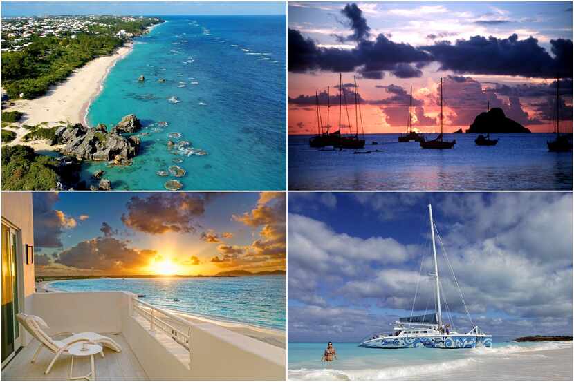 From top left clockwise: Bermuda's coastline and its teal-blue water, a sunset in St. Barts,...