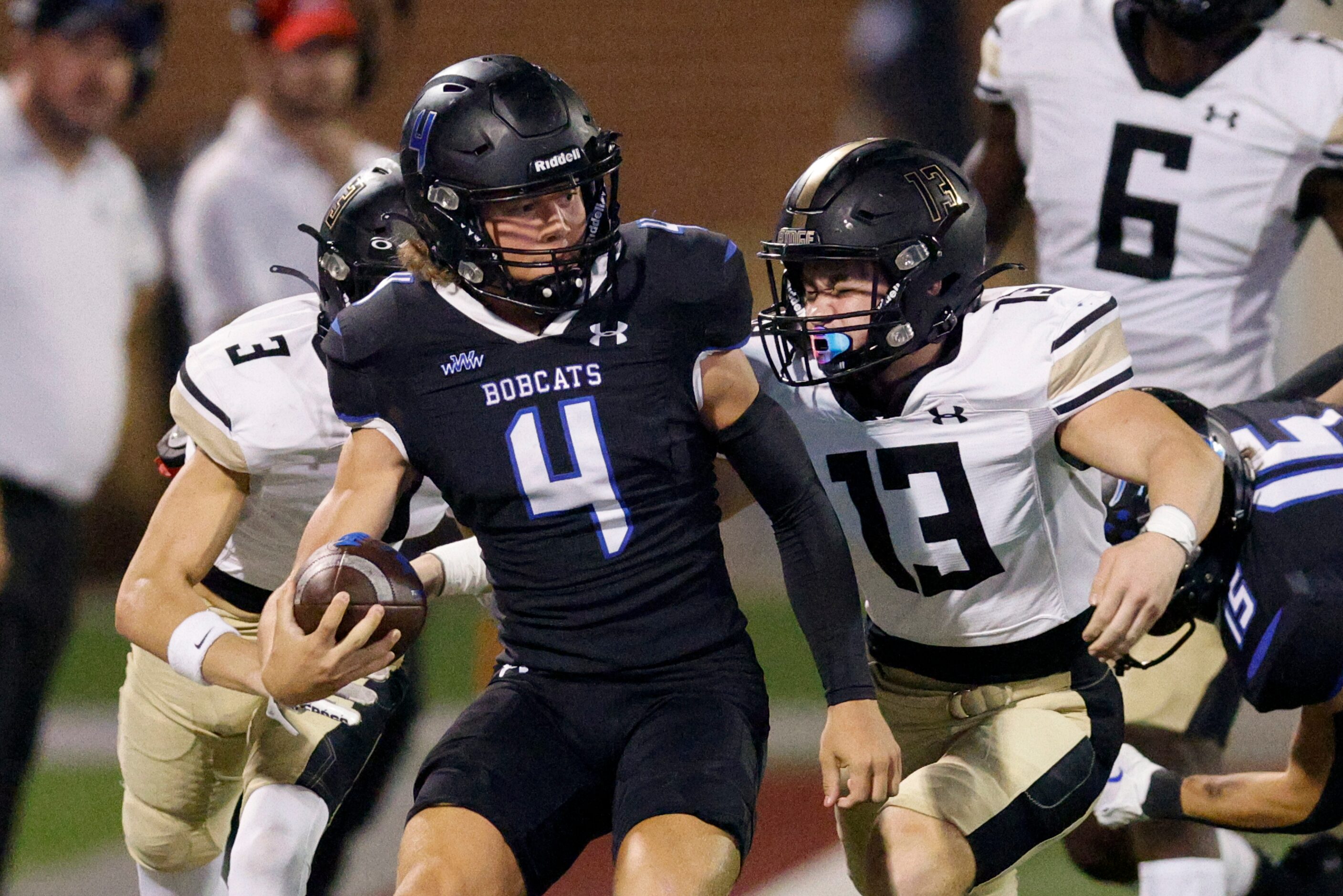 Keller Fossil Ridge linebacker Max Bloom (13) forces Trophy Club Byron Nelson quarterback...