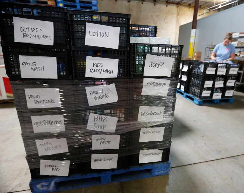 Labeled donations are ready to be shipped to Houston at Chefs' Produce Dallas. 
