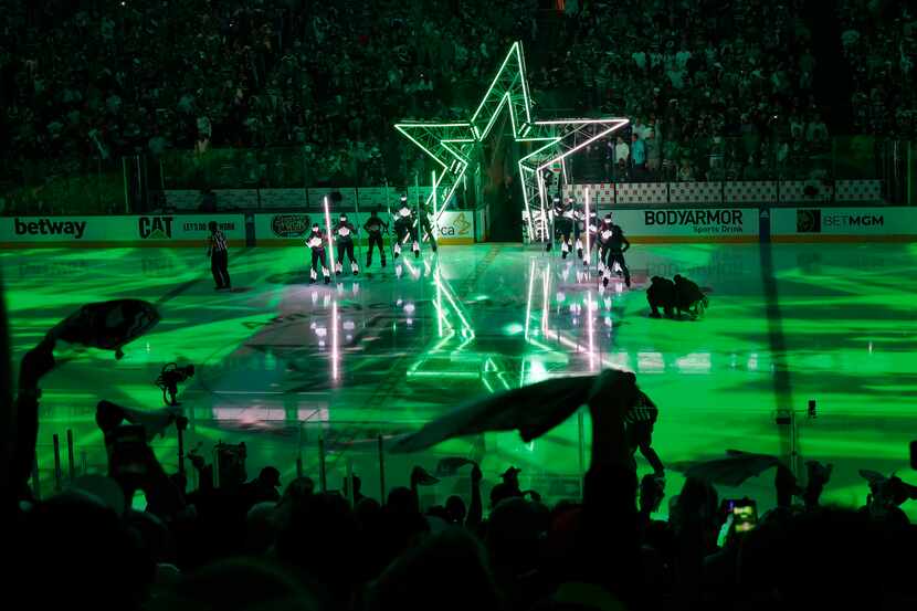 Dallas Stars players come out during introductions before the Game 1 of an NHL hockey...