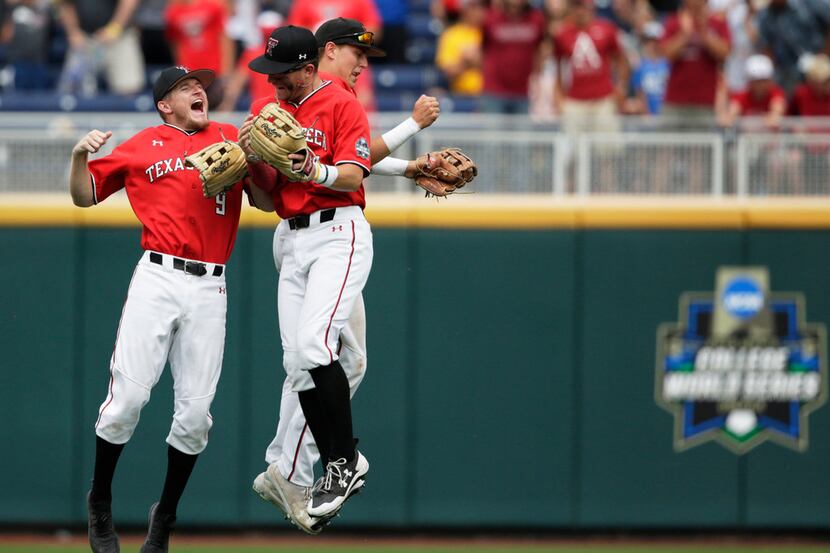 Texas Tech outfielders Dylan Neuse (9), Max Marusak and Kurt Wilson, rear right, celebrate...