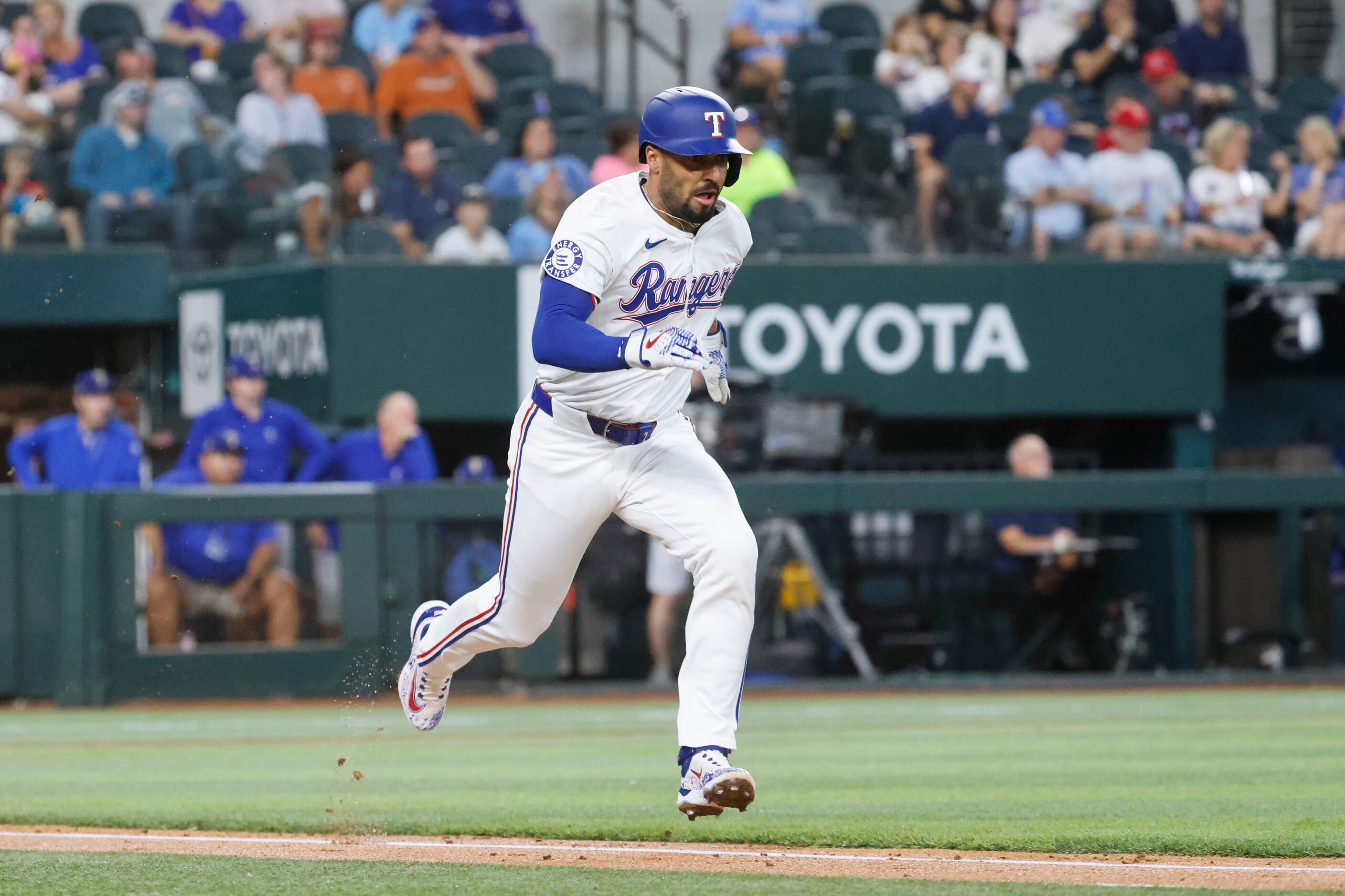 Marcus Semien (2) runs to the first base for a single during the third inning of a baseball...