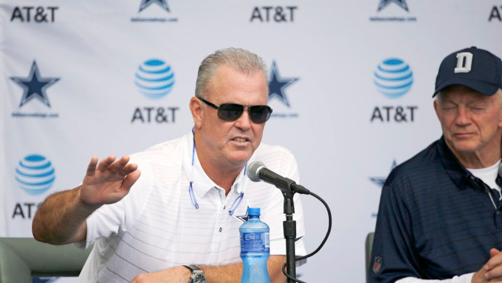 Dallas Cowboys executive vice president Stephen Jones  answers questions during a press...