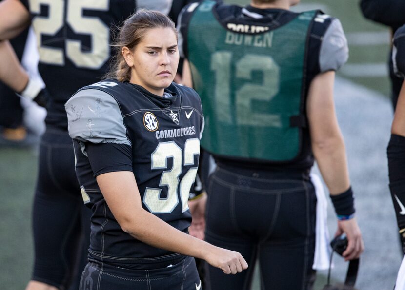 FILE - In this Dec. 12, 2020, file photo,Vanderbilt kicker Sarah Fuller walks along the...