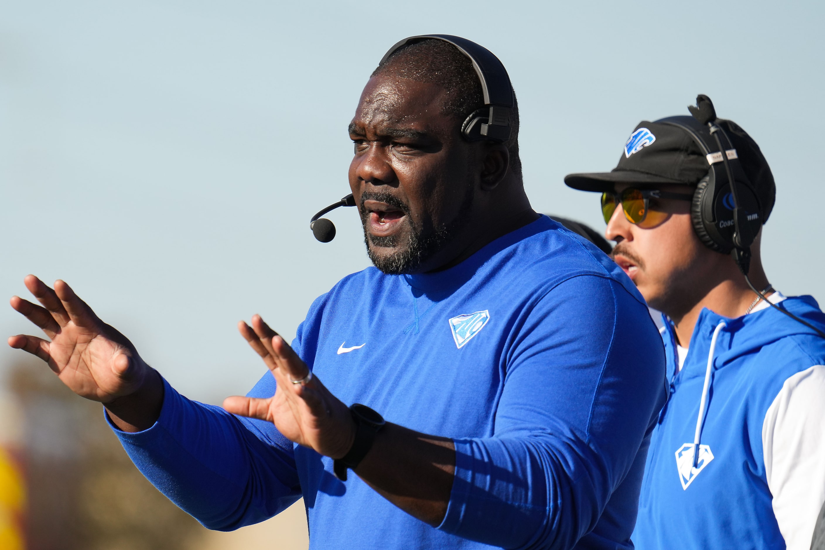 North Crowley head coach Ray Gates motions to his team during the first half of a UIL Class...