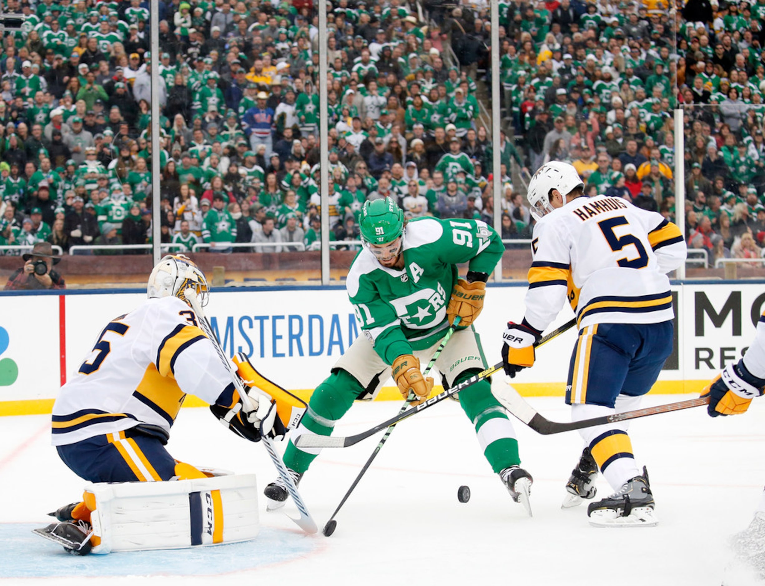 Dallas Stars center Tyler Seguin (91) tries to score on Nashville Predators goaltender Pekka...