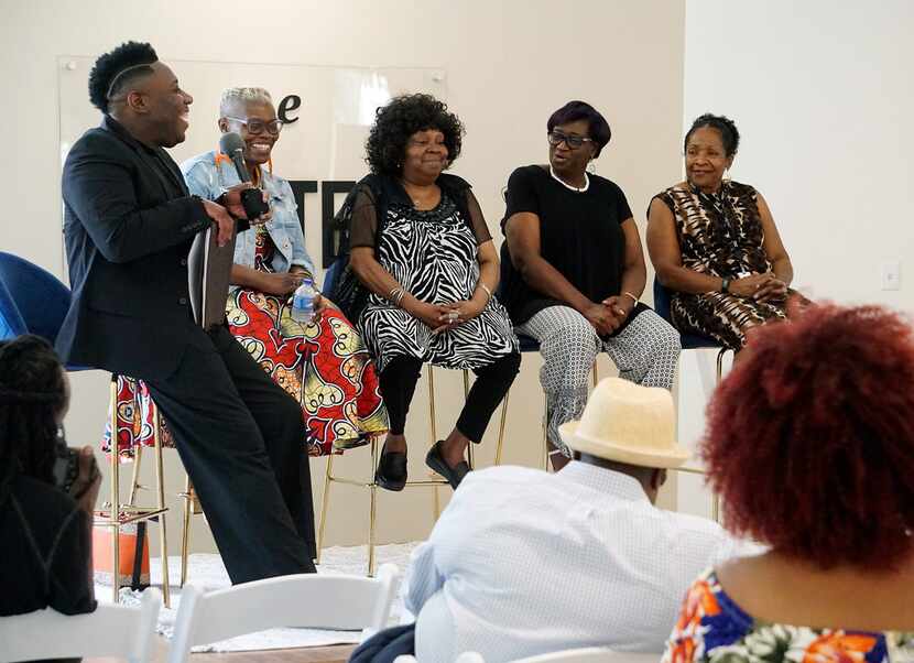 From left, Auntjuan M. Wiley speaks with Marsha Jones, Linda Freeman, Ebony Starr and Dr....