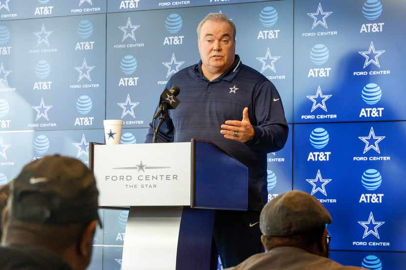Dallas Cowboys head coach Mike McCarthy answers questions from reporters during his...