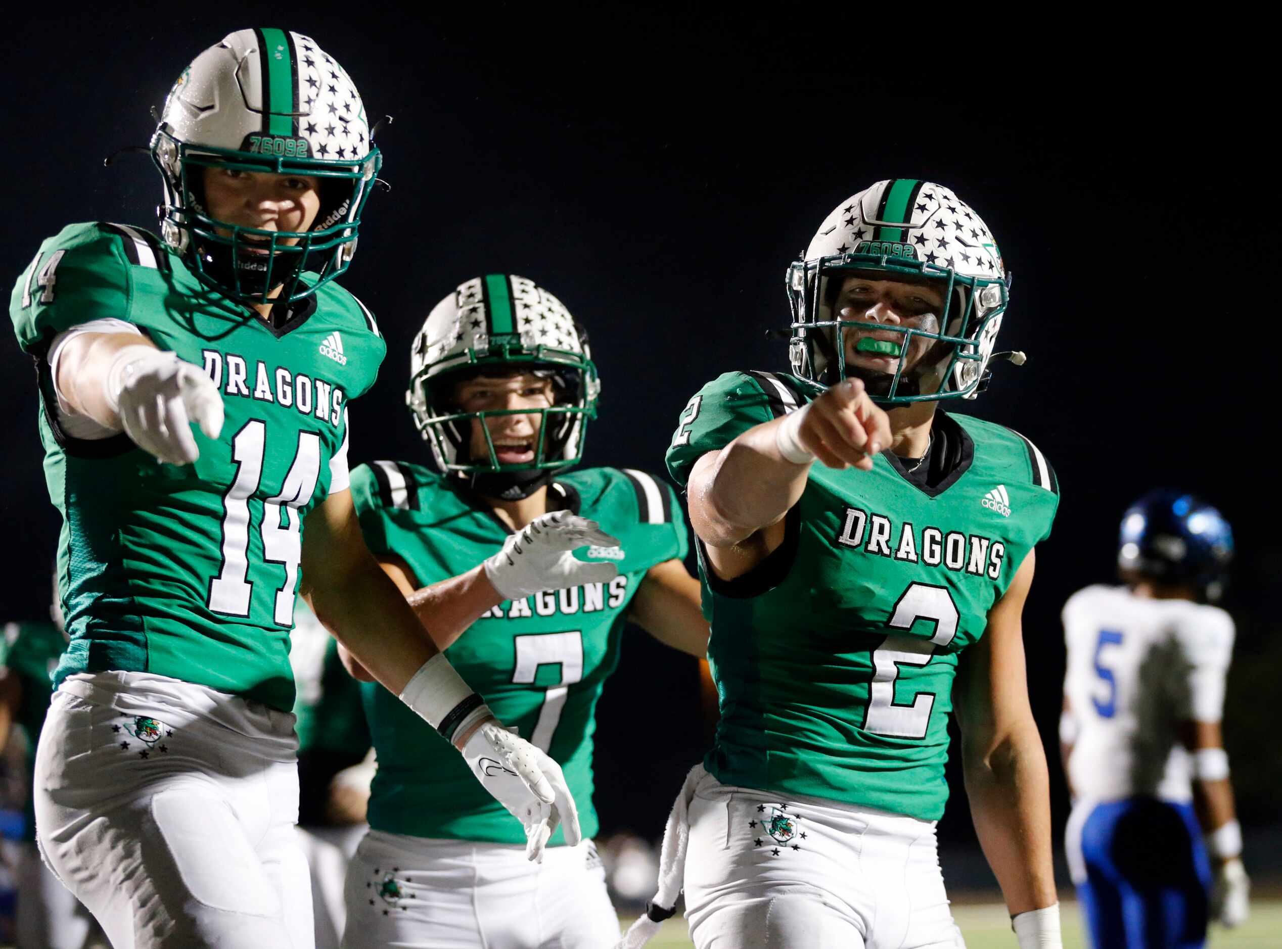 Southlake Carroll running back Owen Allen (2) celebrates his second half touchdown with...