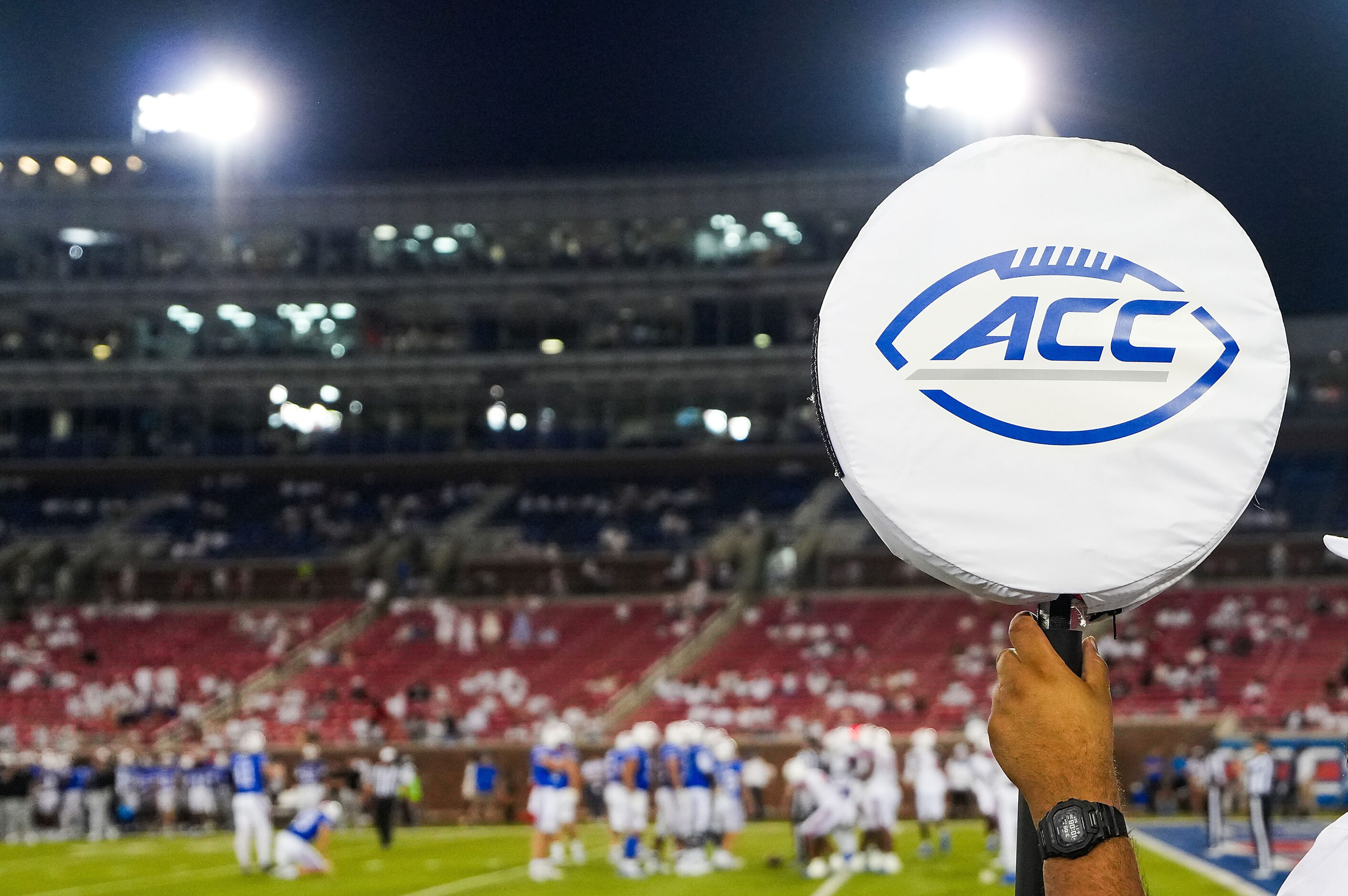 A down marker shows the ACC logo during the second half of an NCAA football game between SMU...