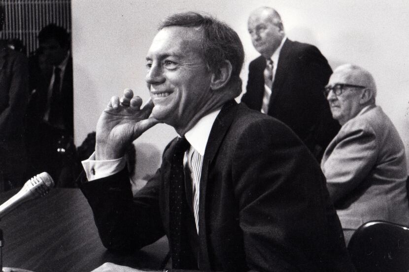 February 25, 1989 - Jerry Jones, the new owner of the Dallas Cowboys, fields questions at a...