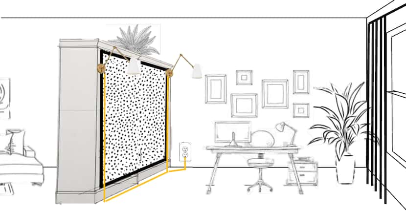 Sketch of living space divided with a bookshelf to create an office. The bookcase has lights...