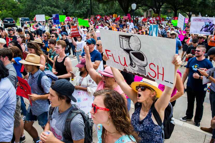 Opponents of the bathroom bill demonstrated in Austin in July on the opening day of the...