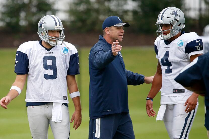 Offensive coordinator Scott Linehan (center) talks with quarterbacks Dak Prescott (4) and...