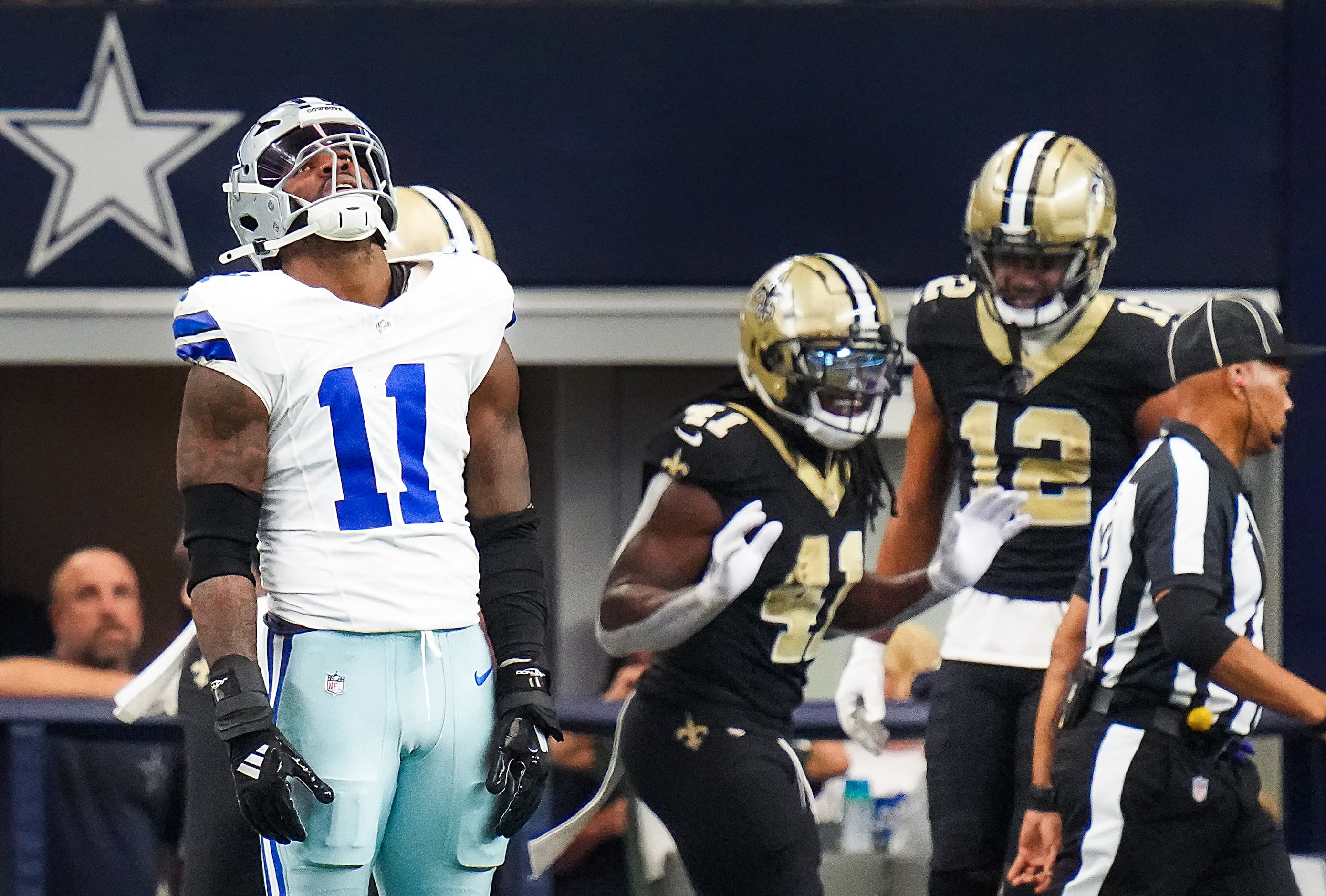 Dallas Cowboys linebacker Micah Parsons (11) reacts as New Orleans Saints running back Alvin...