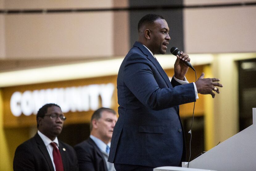 Dallas City Council member Casey Thomas speaks during a presentation for the community to...