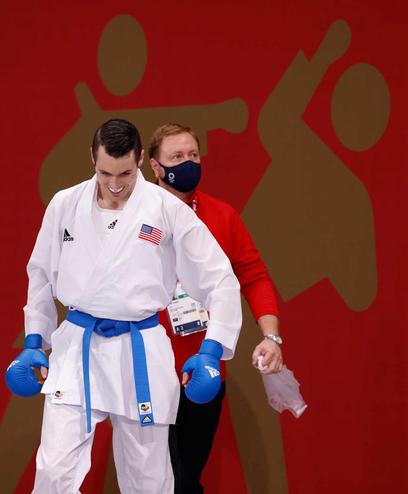 USA’s Tom Scott prepares to enter the stage to fight Ukraine’s Stanislav Horuna during the...