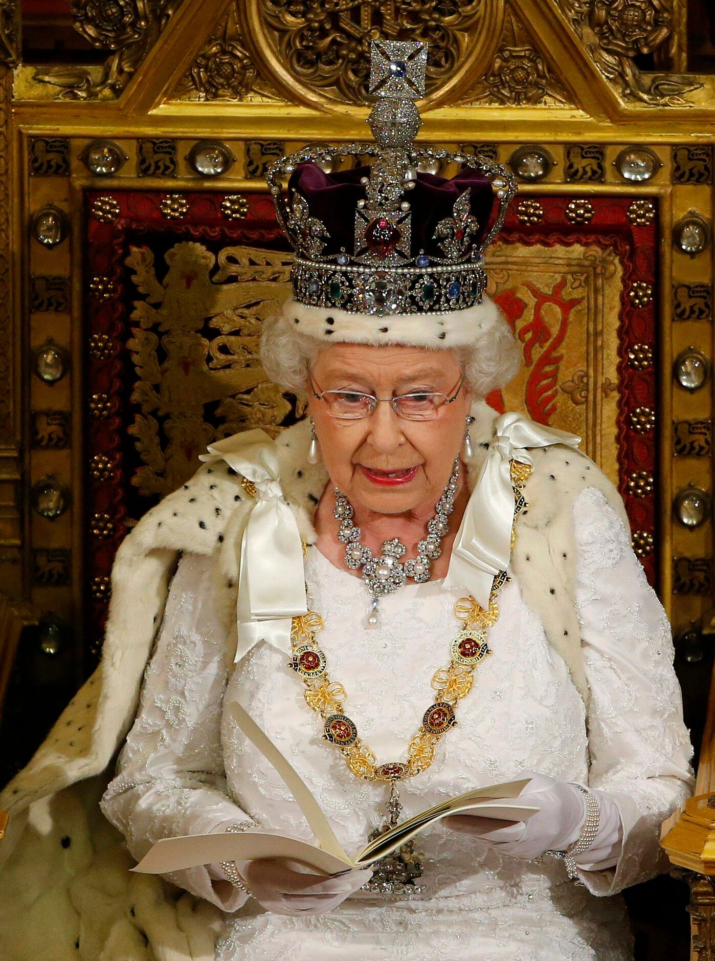 Britain's Queen Elizabeth delivers her speech in the House of Lords, during the State...