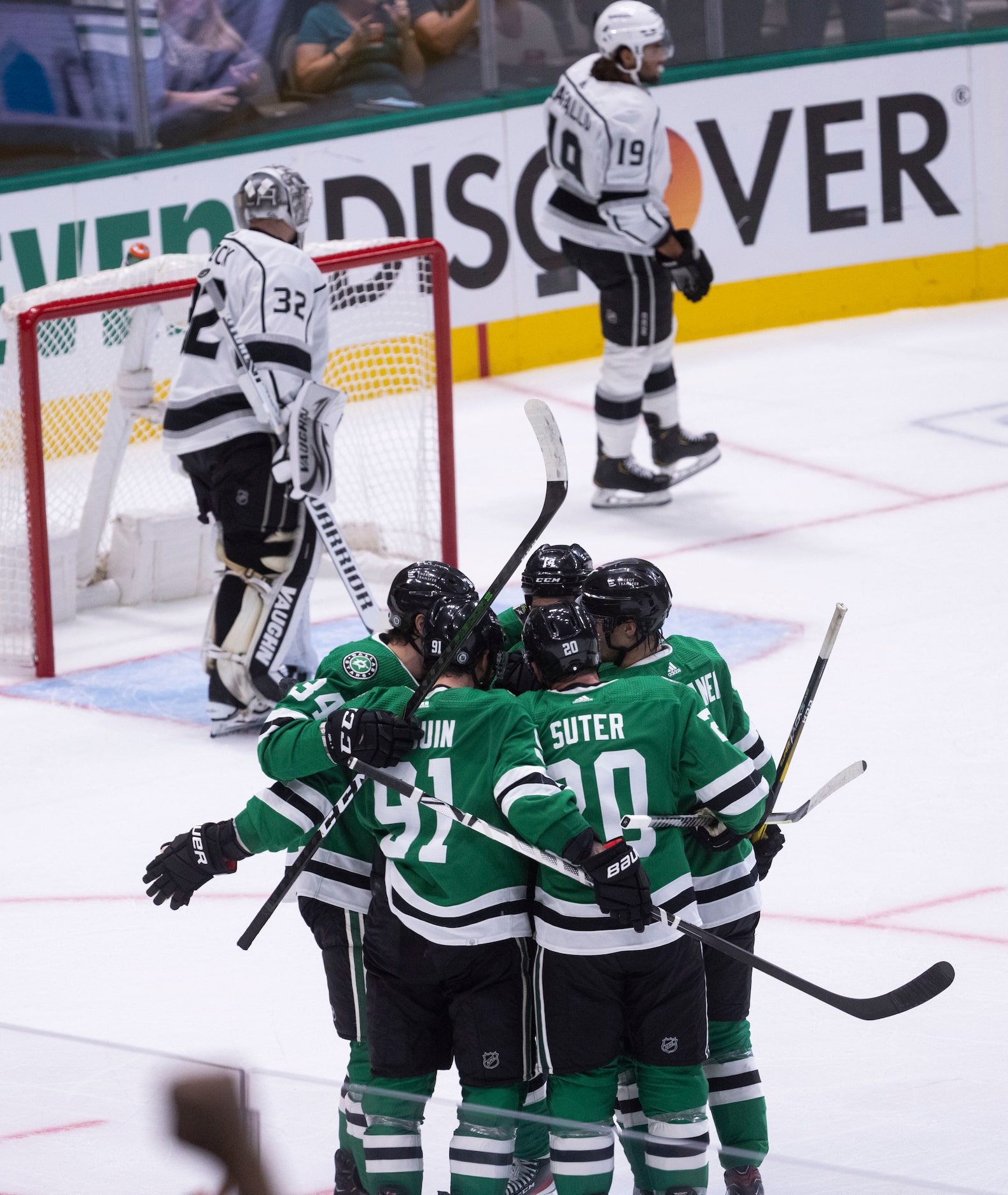 Players celebrate Dallas Stars center Tyler Seguin’s (91) score during the first period of a...