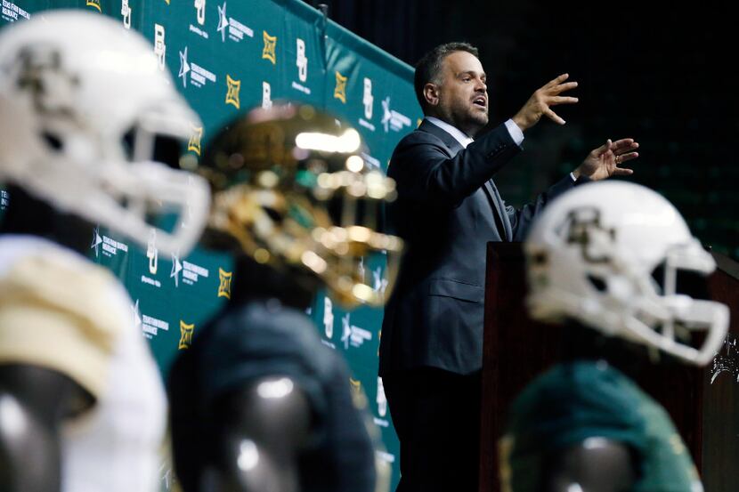 Baylor University's new football coach Matt Rhule speaks during a public event at the...