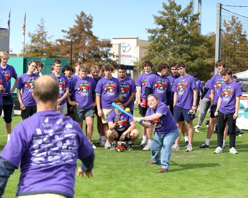 Paul Wachsman pitches to Luke O’Brien during the Buddy Walk at Toyota Stadium in Frisco, TX,...