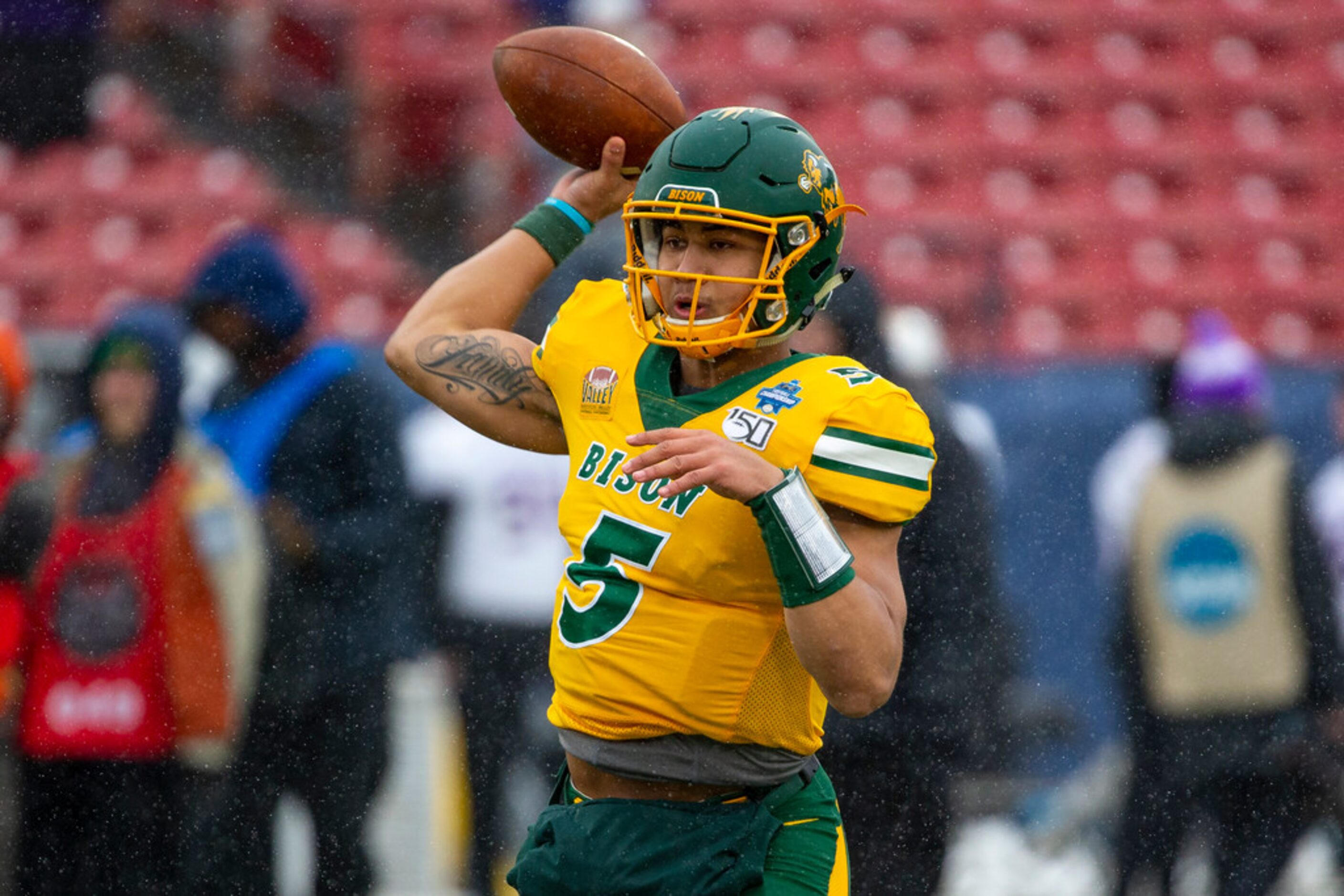 North Dakota State quarterback Trey Lance (5) warms up before the FCS championship NCAA...