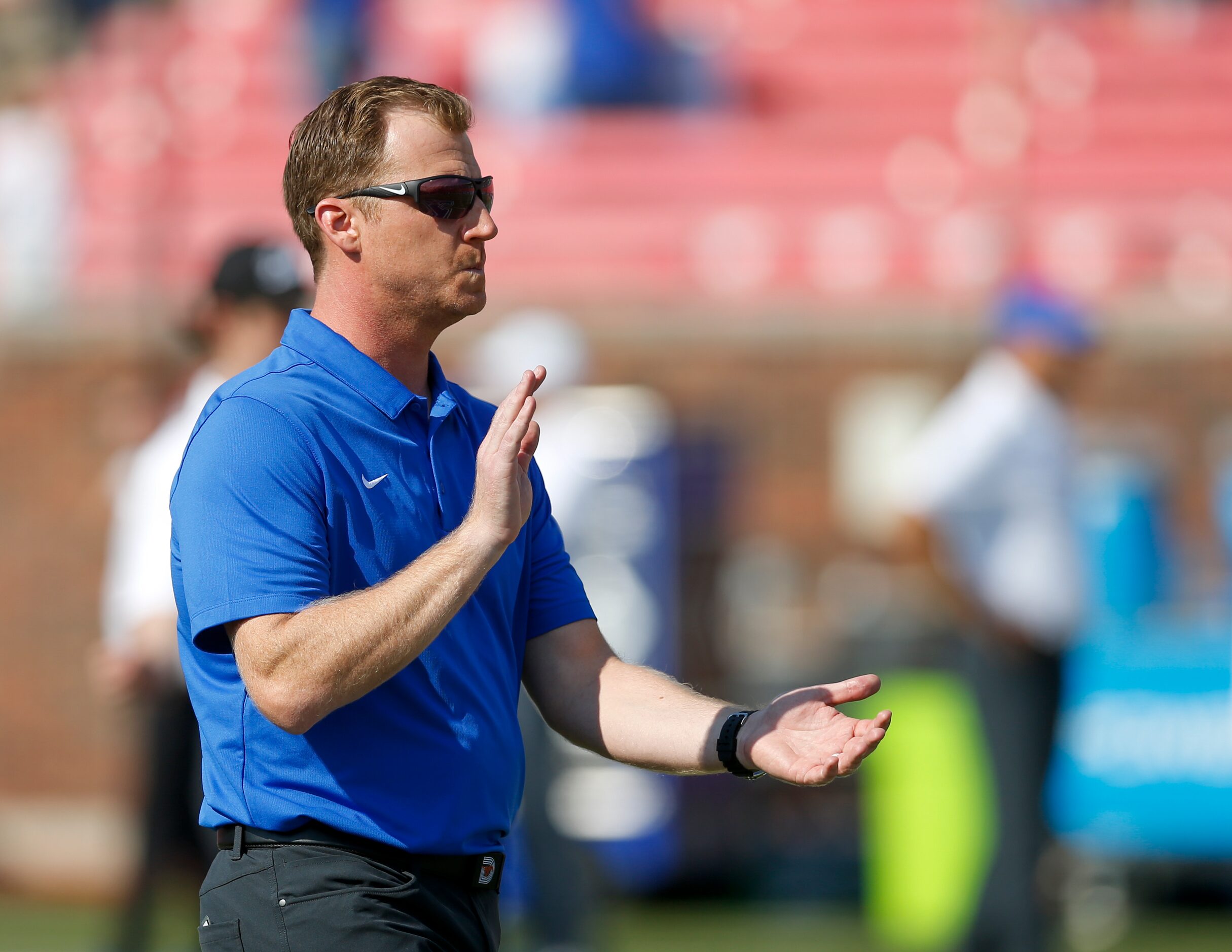 SMU head coach Rhett Lashlee claps before a game against TCU at Ford Stadium, Saturday,...