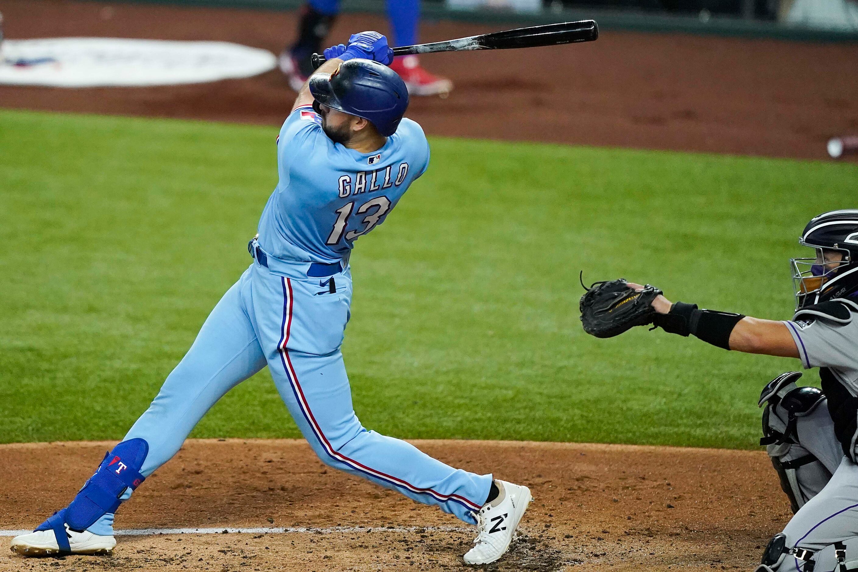 Texas Rangers outfielder Joey Gallo hits the first official home run in the history of the...