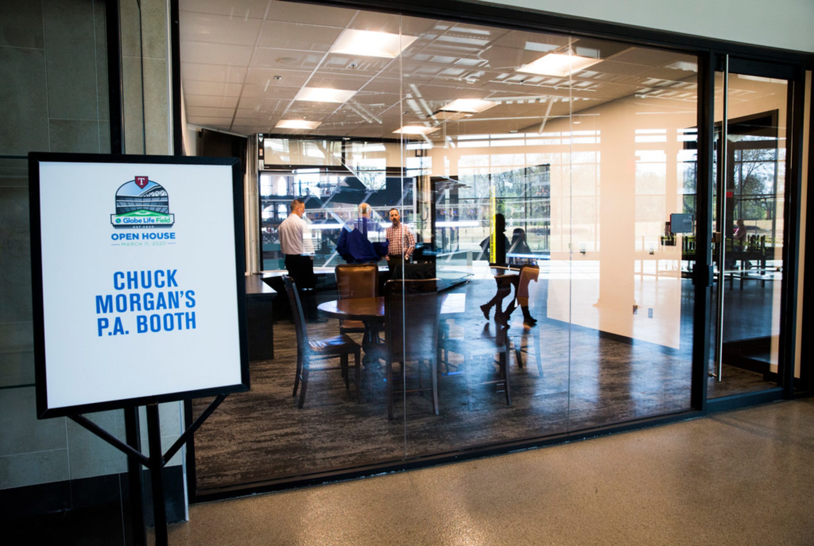 Chuck Morgan's P.A. booth on the main concourse during an open house for the Texas Rangers'...