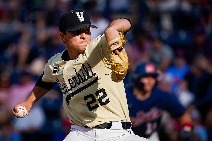 Vanderbilt pitcher Jack Leiter delivers during an NCAA baseball game against Mississippi at...
