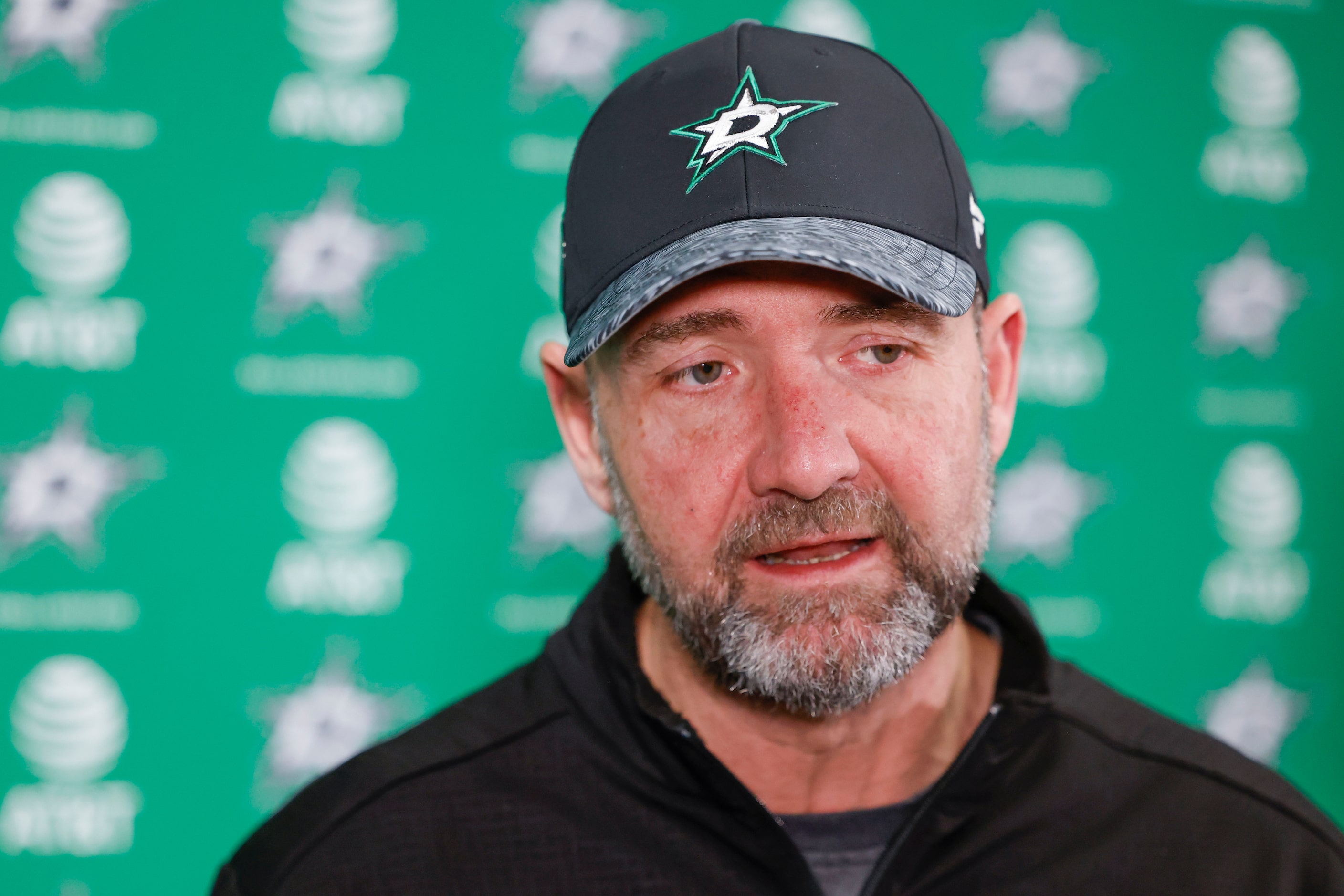 Dallas Stars head coach Peter DeBoer speaks during Dallas Stars season wrap news conference...