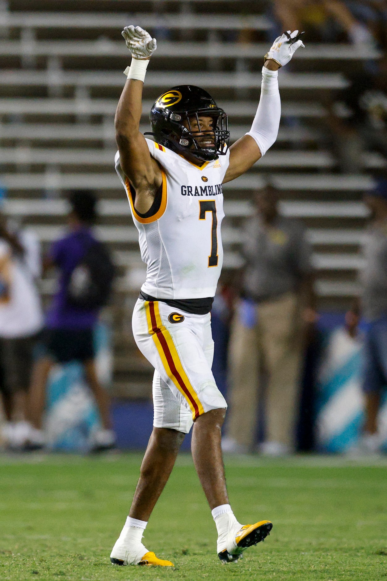 Grambling State defensive back Quintin Talley (7) celebrates an interception during the...