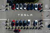 Tesla vehicles line a parking lot at the company's Fremont, Calif., factory, on Sept. 18, 2023.