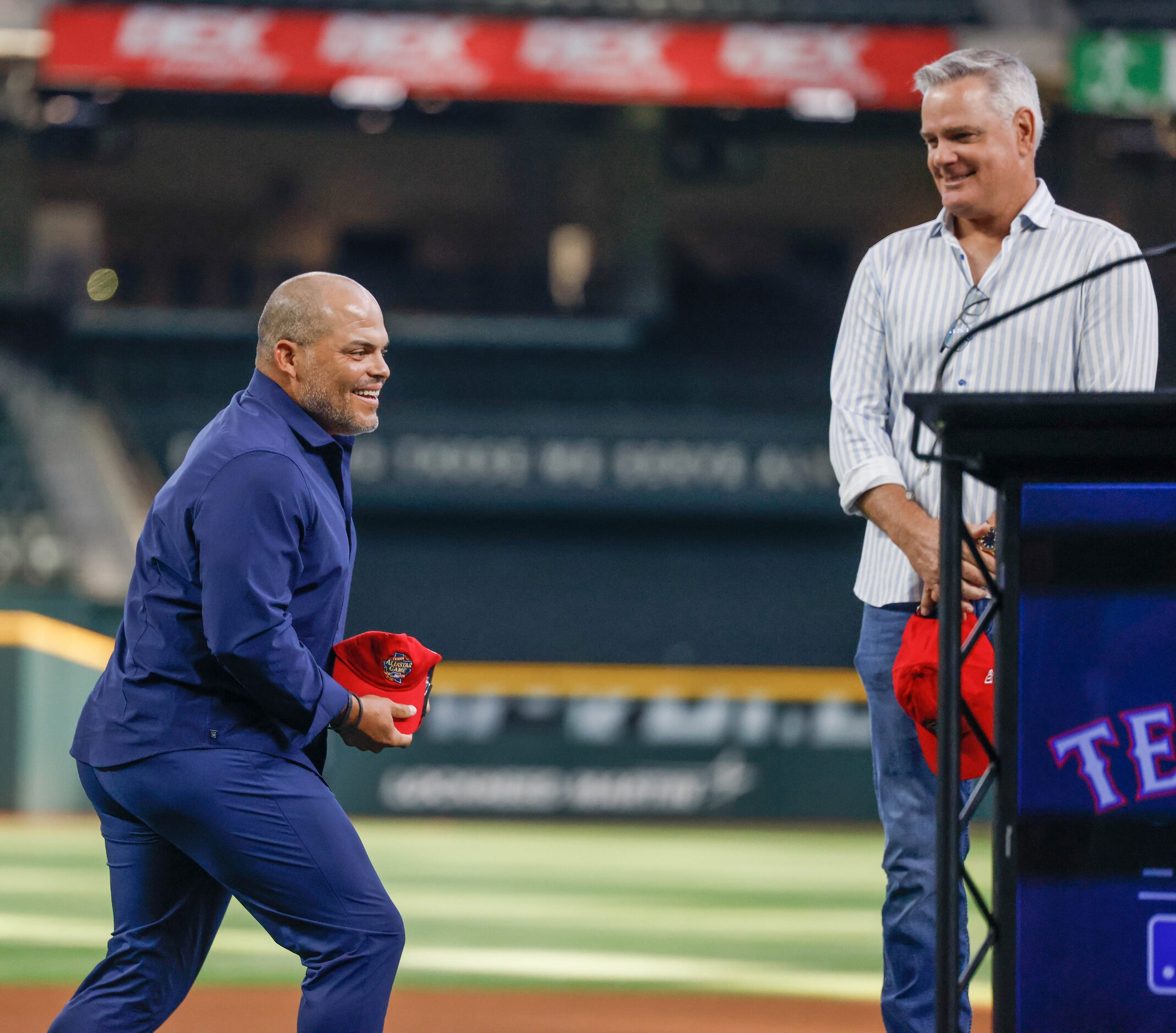 Texas Rangers Baseball Hall of Fame member Ivan 'Pudge' Rodriguez (left) joins former...